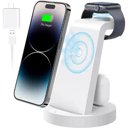 Magnetic Wireless Charger, 3 in 1 Charging Station for Apple Devices, Foldable Portable 15W Fast Charging Stand for iPhone, Apple Watch, Airpods and Qi-Enabled Android Samsung Phone Watch